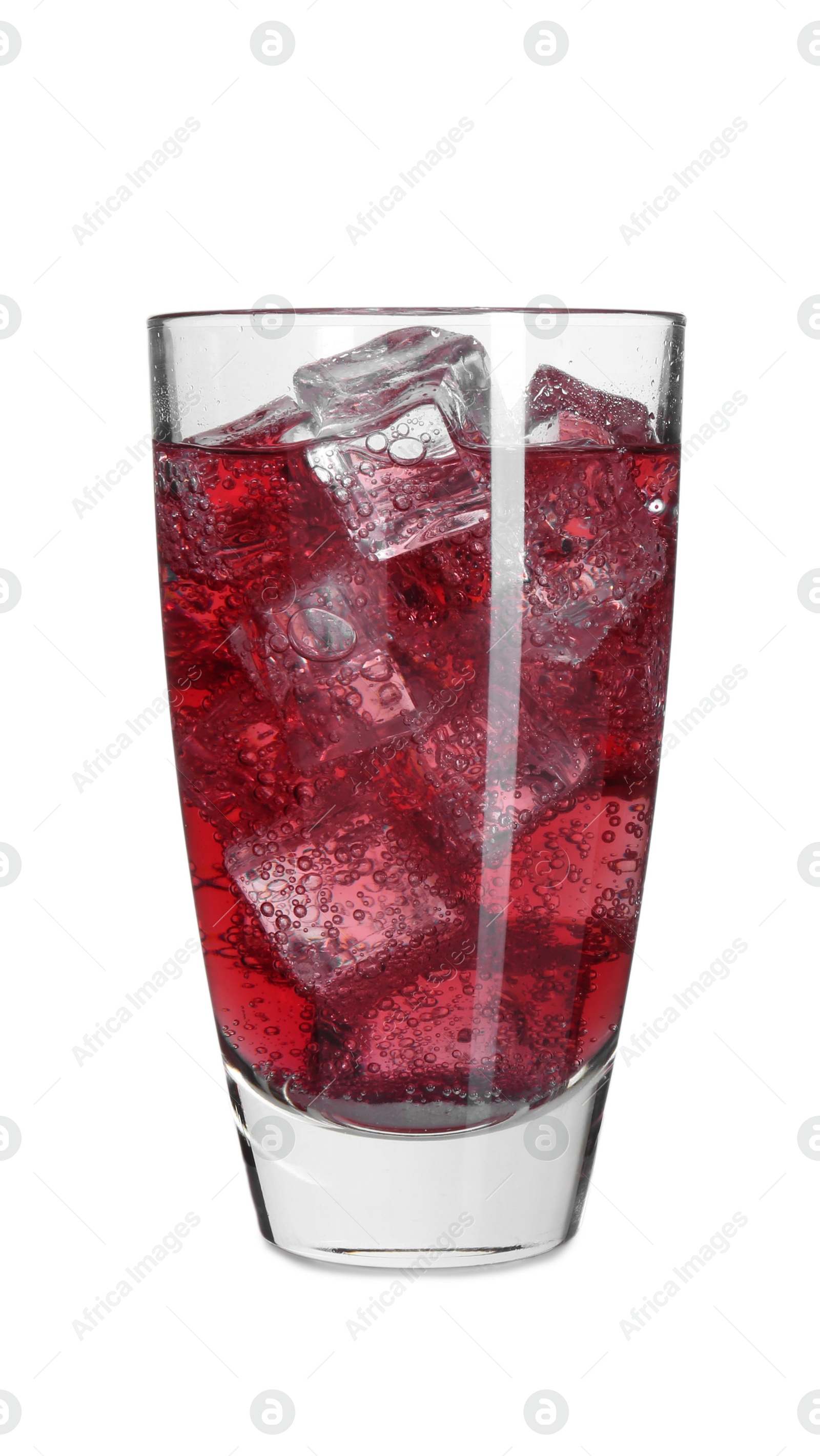 Photo of Sweet soda water with ice cubes in glass isolated on white