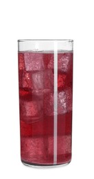 Photo of Sweet soda water with ice cubes in glass isolated on white