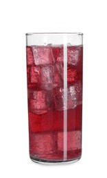 Photo of Sweet soda water with ice cubes in glass isolated on white