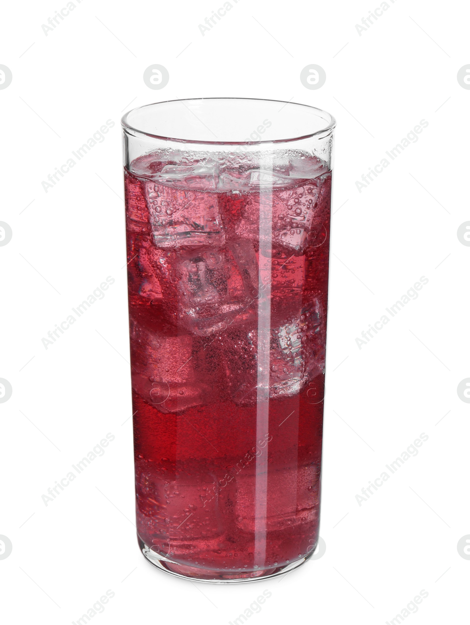 Photo of Sweet soda water with ice cubes in glass isolated on white