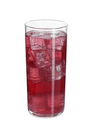 Photo of Sweet soda water with ice cubes in glass isolated on white