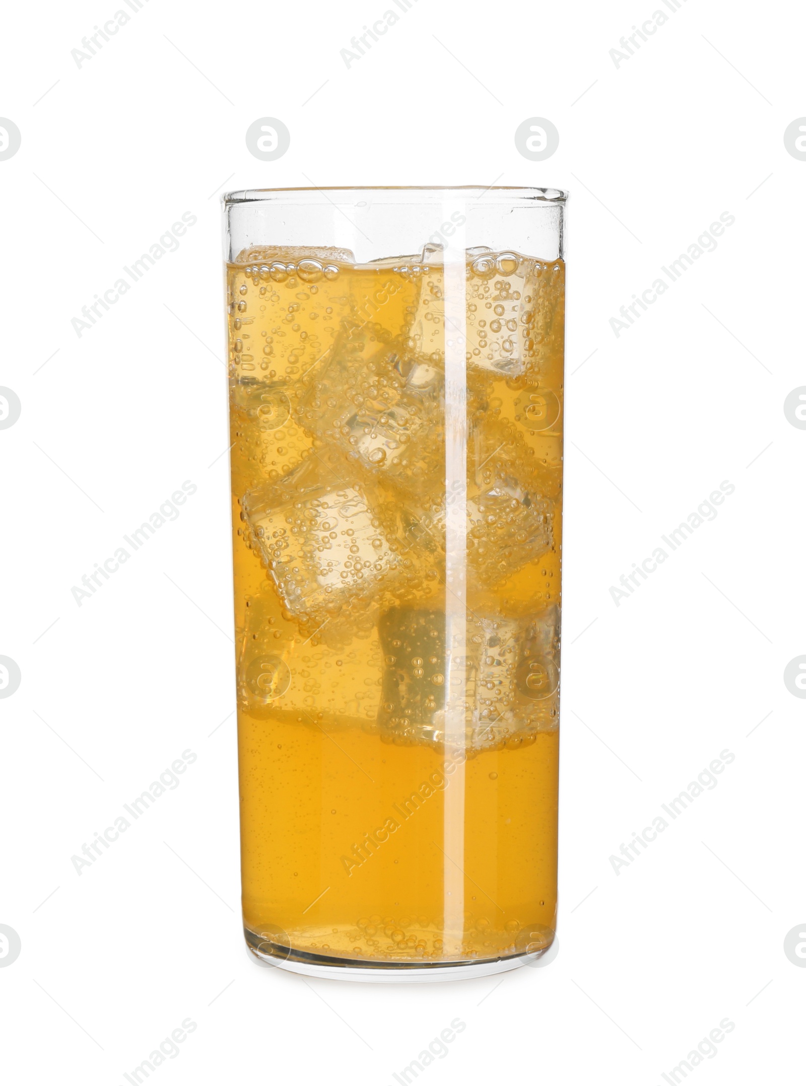 Photo of Sweet soda water with ice cubes in glass isolated on white