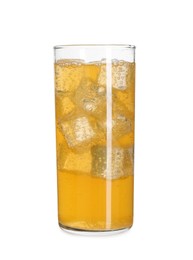 Photo of Sweet soda water with ice cubes in glass isolated on white