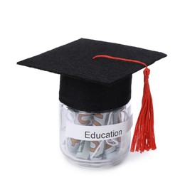 Photo of Graduate hat and dollar banknotes in glass jar with word Education isolated on white. Tuition payment