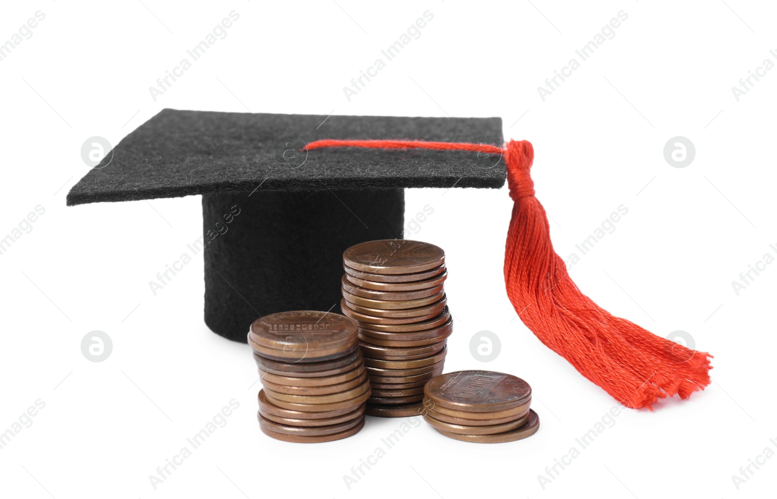 Photo of Graduate hat and coins isolated on white. Tuition payment