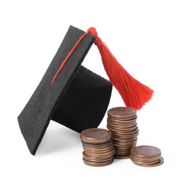 Photo of Graduate hat and coins isolated on white. Tuition payment