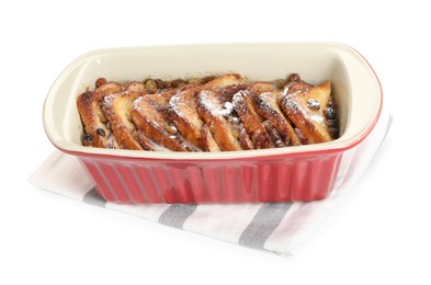 Photo of Freshly baked bread pudding in baking dish isolated on white