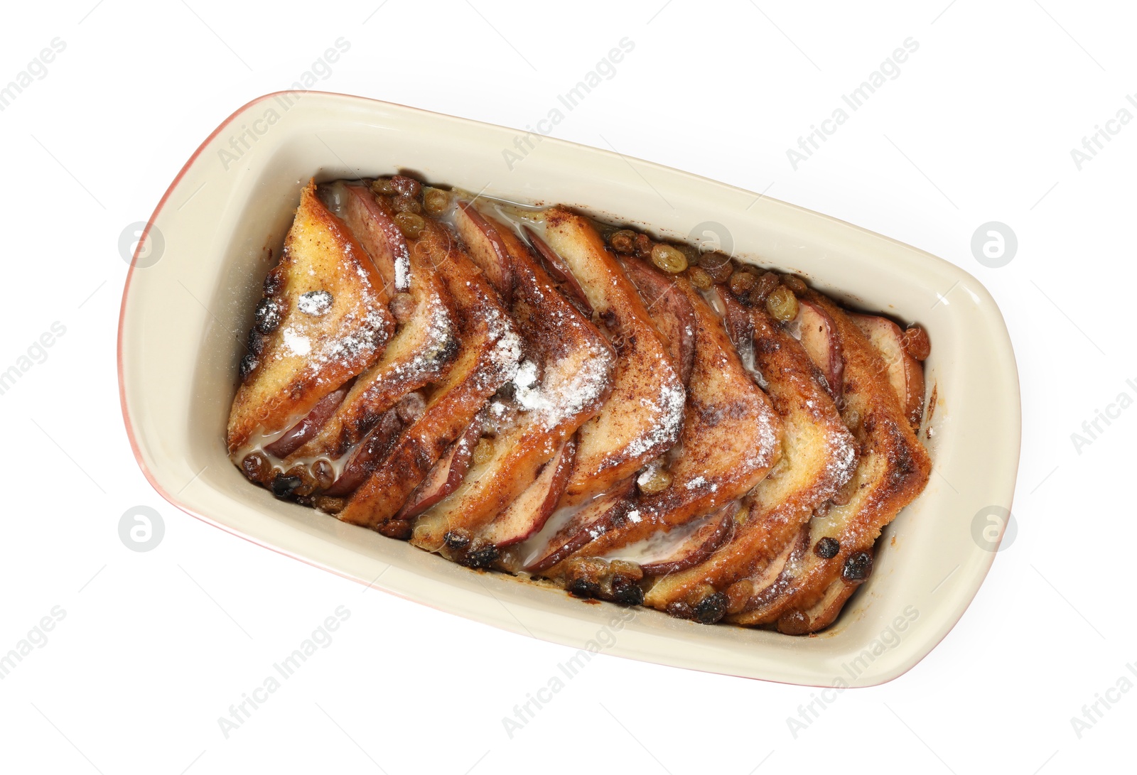 Photo of Freshly baked bread pudding in baking dish isolated on white, top view