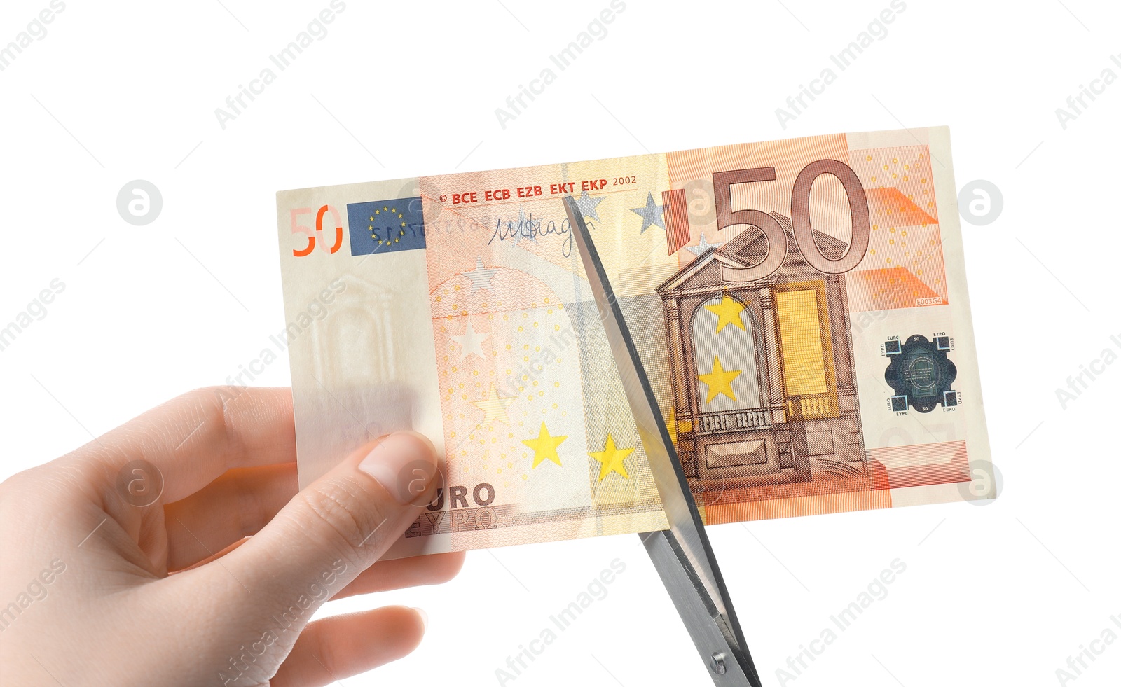 Photo of Woman cutting euro banknote on white background, closeup