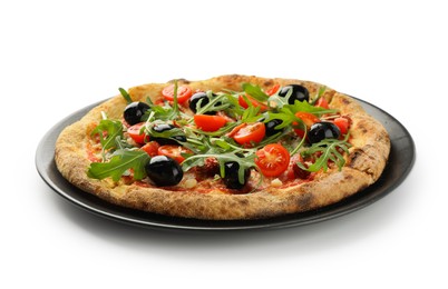 Photo of Tasty pizza with olives, tomatoes and arugula isolated on white