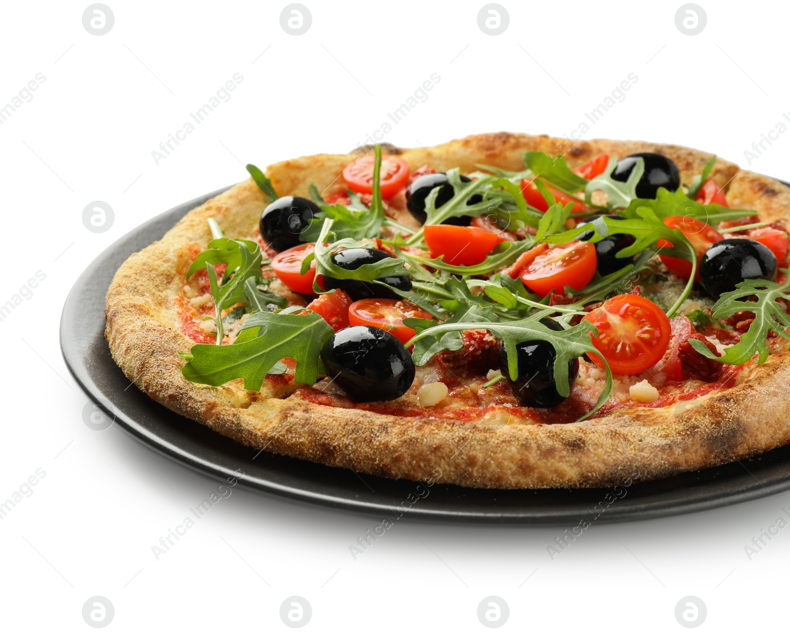 Photo of Tasty pizza with olives, tomatoes and arugula isolated on white