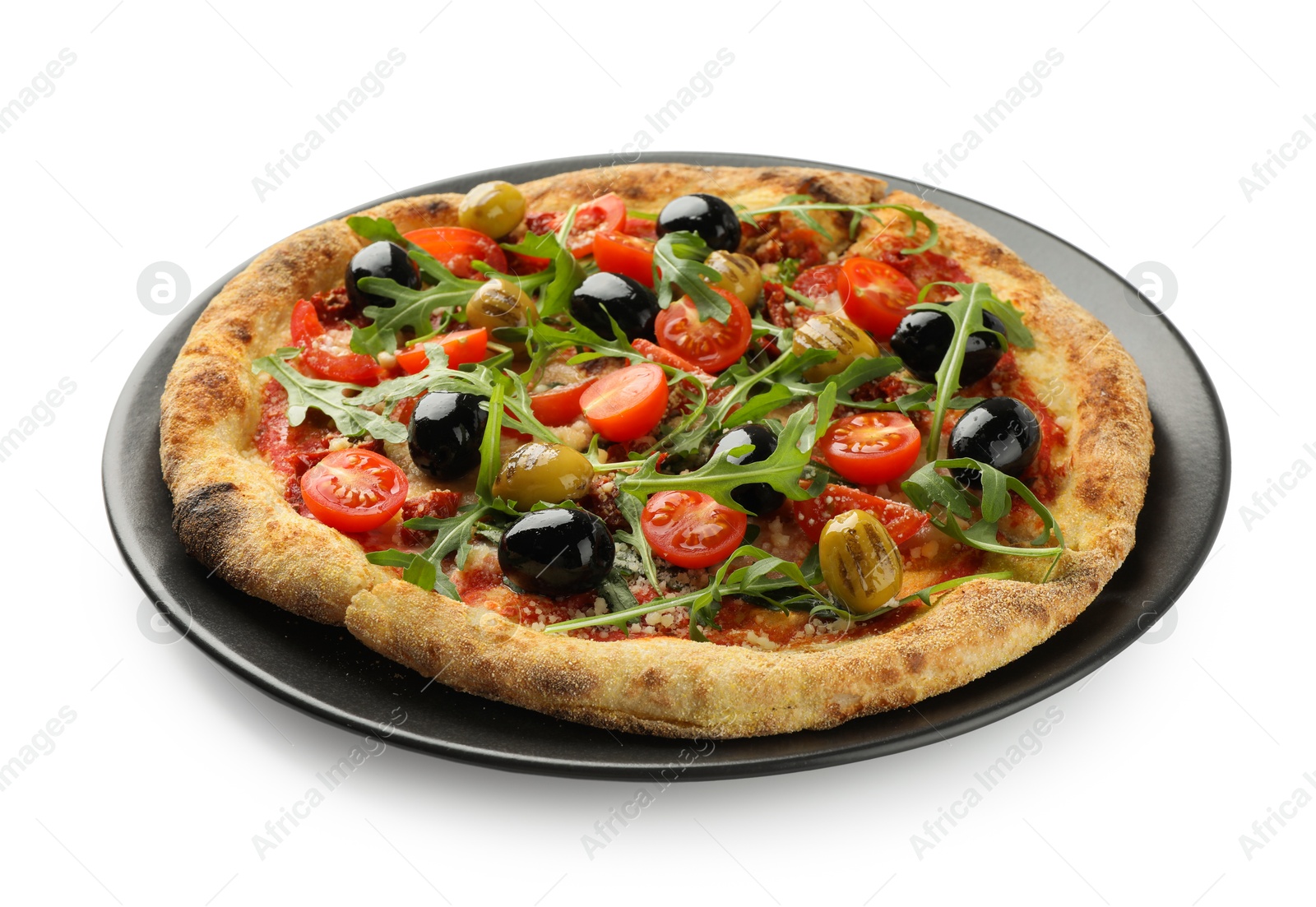 Photo of Tasty pizza with olives, tomatoes and arugula isolated on white