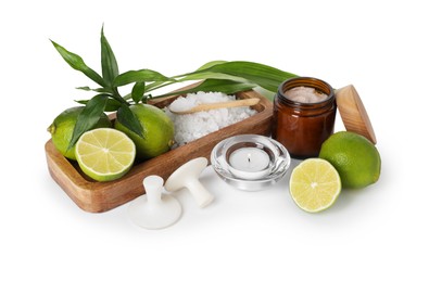 Photo of Spa composition with limes, massage stones, burning candle, sea salt and green leaves isolated on white