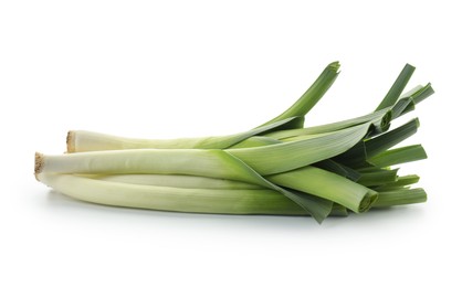 Photo of Fresh leeks isolated on white. Spicy vegetable