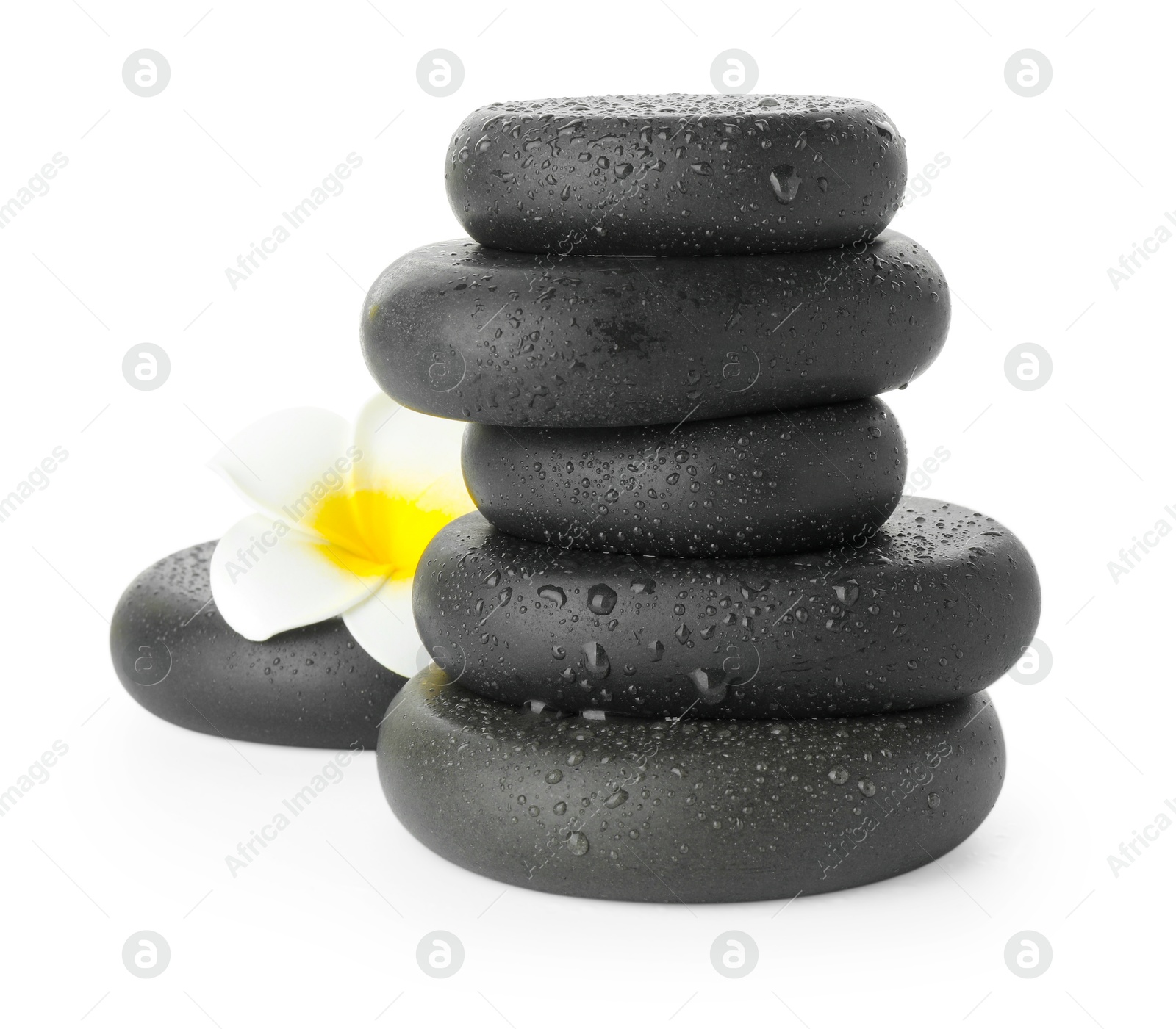 Photo of Wet spa stones with flower isolated on white