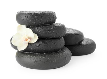 Wet spa stones with flower isolated on white