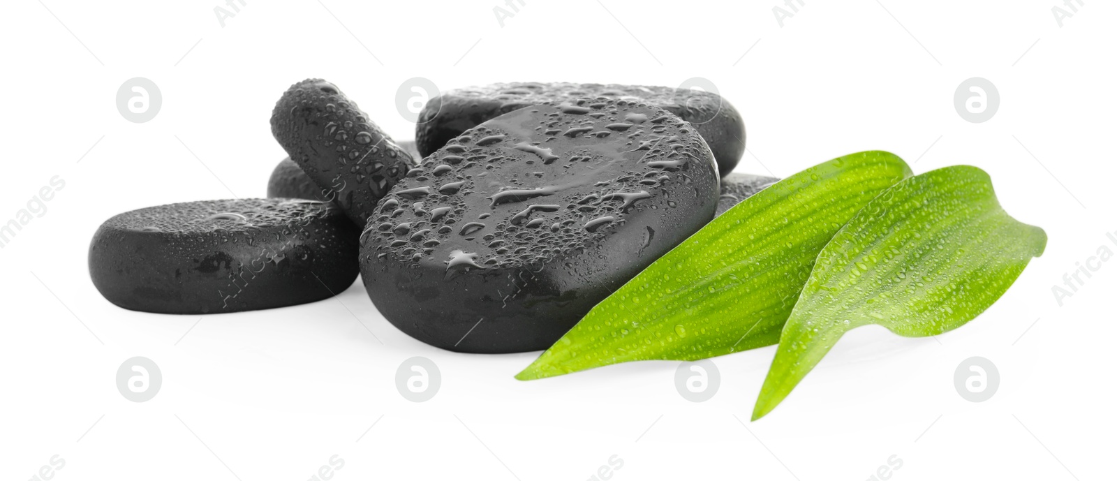 Photo of Wet spa stones with leaves isolated on white