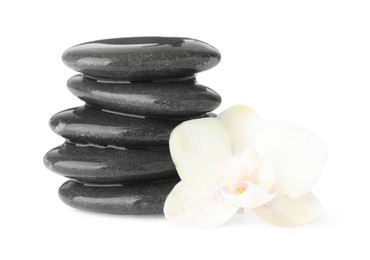 Photo of Wet spa stones with flower isolated on white