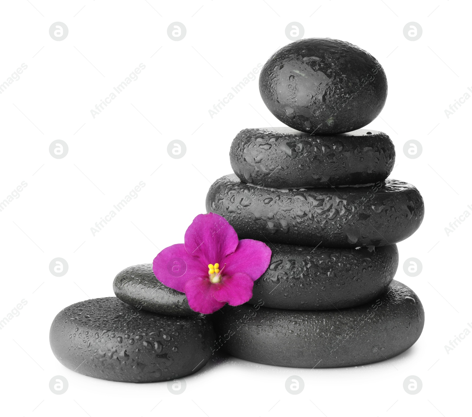 Photo of Stacked spa stones and beautiful flower isolated on white