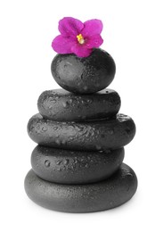 Photo of Stacked spa stones and beautiful flower isolated on white