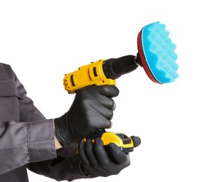 Photo of Man holding electric screwdriver with polish pad on white background, closeup