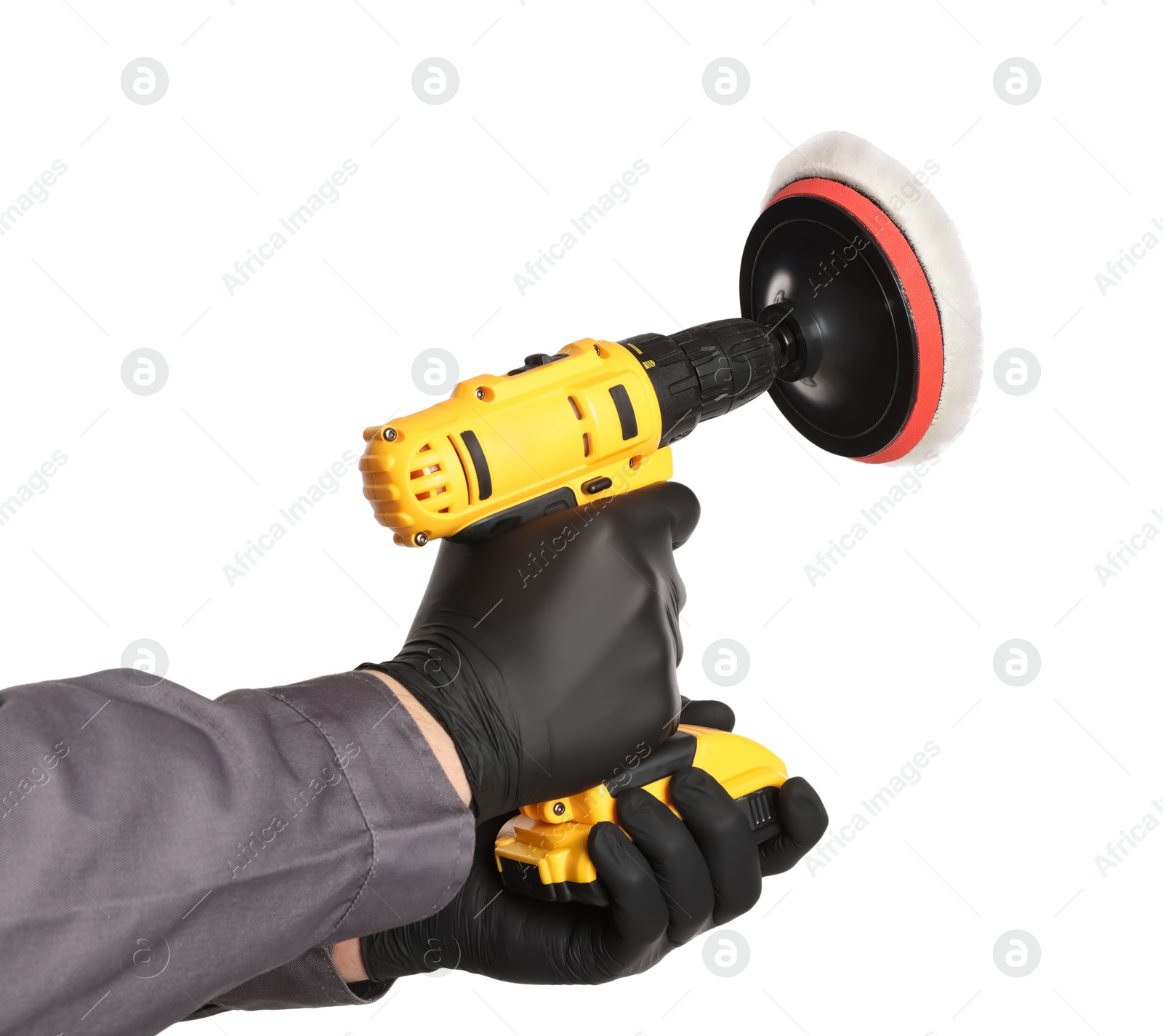 Photo of Man holding electric screwdriver with polish pad on white background, closeup