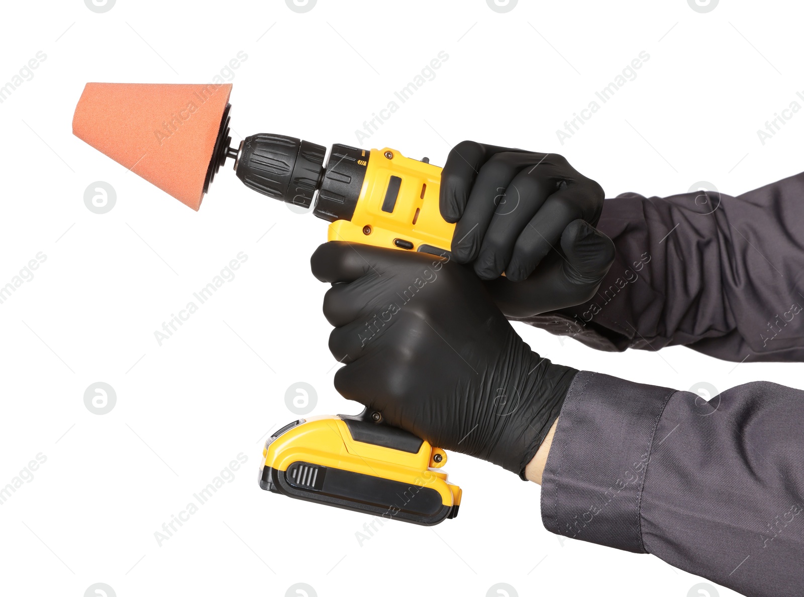 Photo of Man holding electric screwdriver with polish pad on white background, closeup