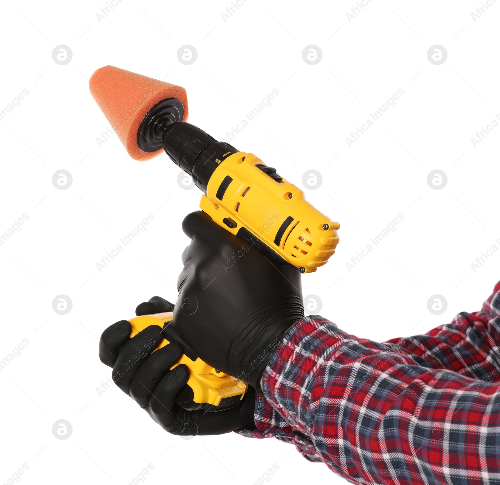 Photo of Man holding electric screwdriver with polish pad on white background, closeup