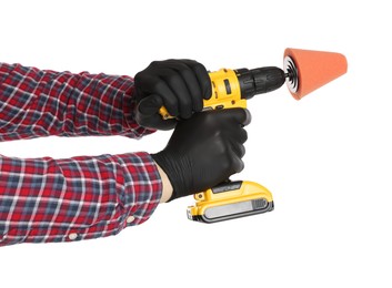 Photo of Man holding electric screwdriver with polish pad on white background, closeup