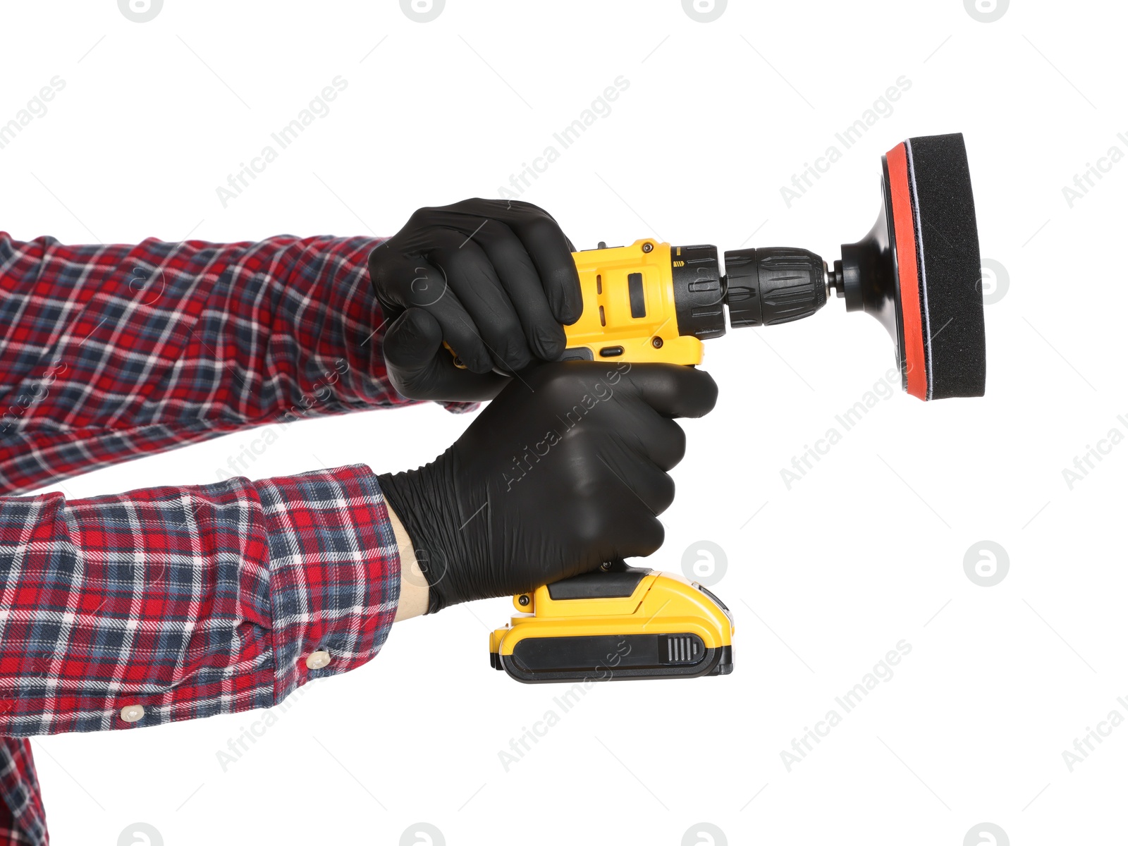 Photo of Man holding electric screwdriver with polish pad on white background, closeup