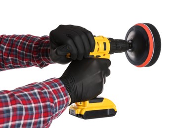 Photo of Man holding electric screwdriver with polish pad on white background, closeup