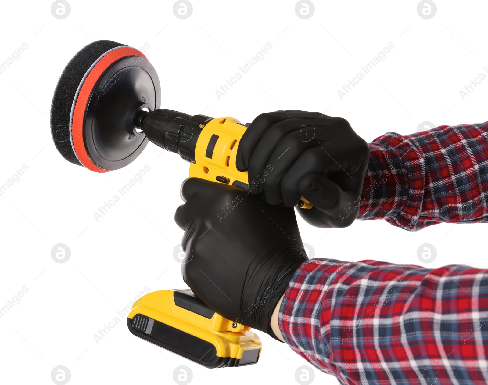 Photo of Man holding electric screwdriver with polish pad on white background, closeup