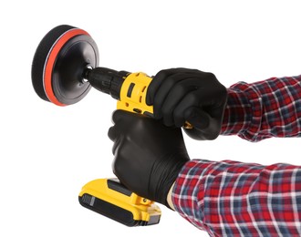 Photo of Man holding electric screwdriver with polish pad on white background, closeup