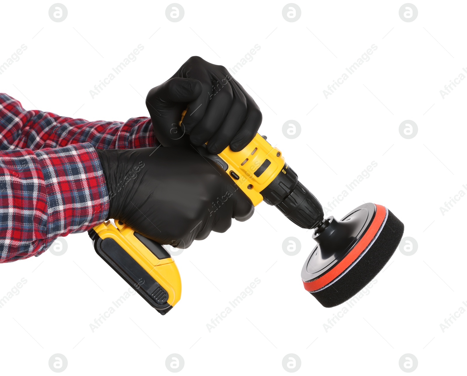 Photo of Man holding electric screwdriver with polish pad on white background, closeup