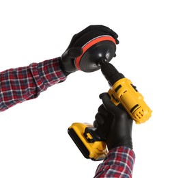 Photo of Man holding electric screwdriver with polish pad on white background, closeup