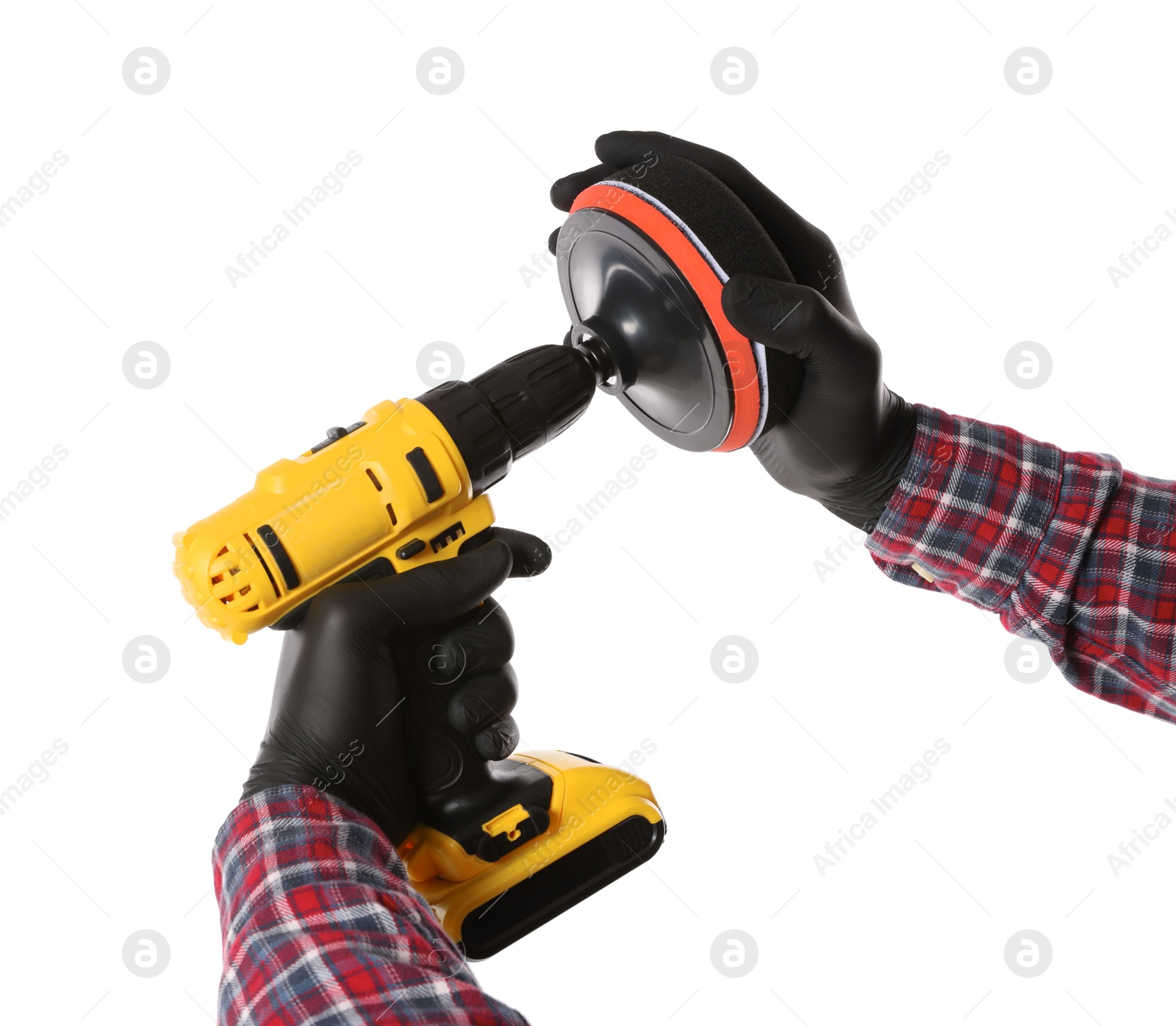 Photo of Man holding electric screwdriver with polish pad on white background, closeup