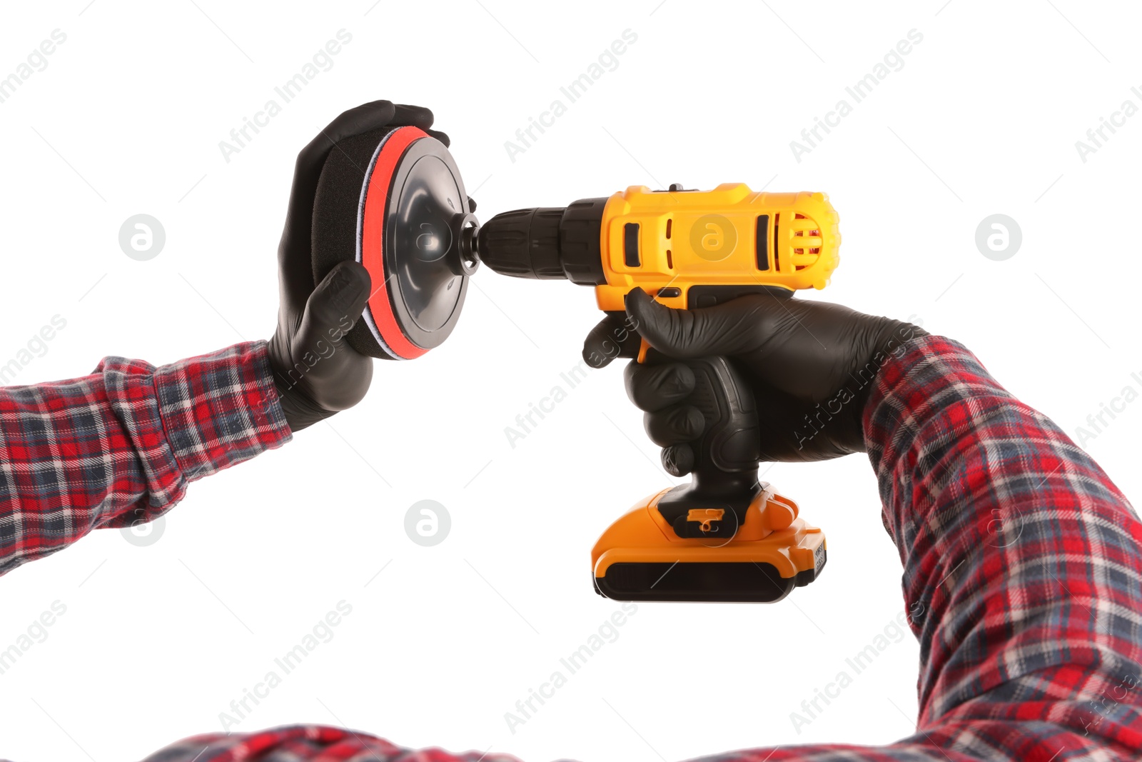 Photo of Man holding electric screwdriver with polish pad on white background, closeup