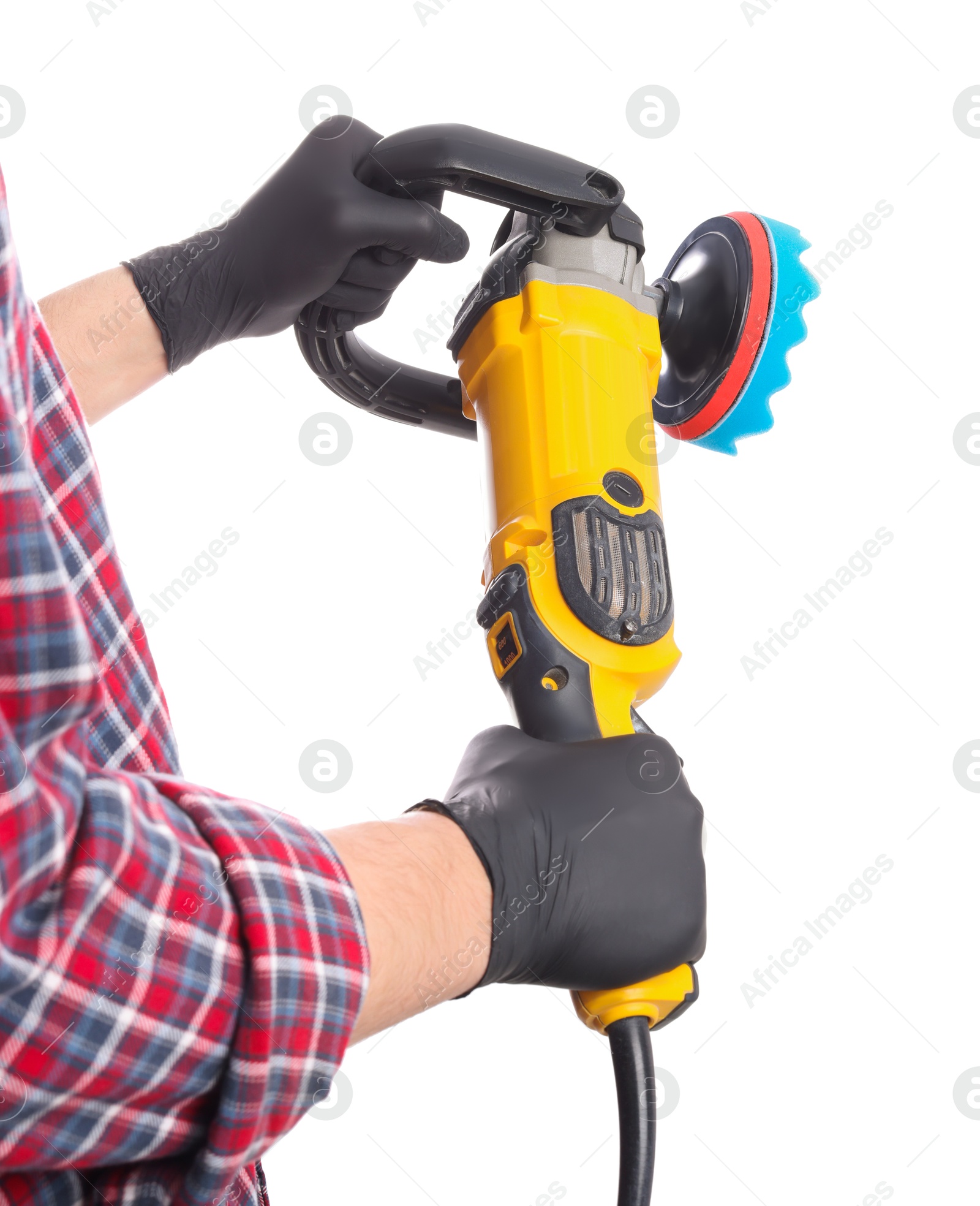 Photo of Man with polishing machine on white background, closeup