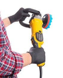 Photo of Man with polishing machine on white background, closeup