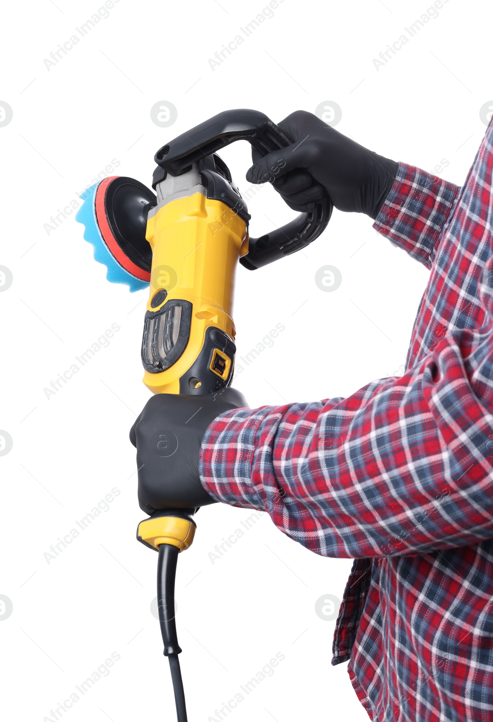 Photo of Man with polishing machine on white background, closeup