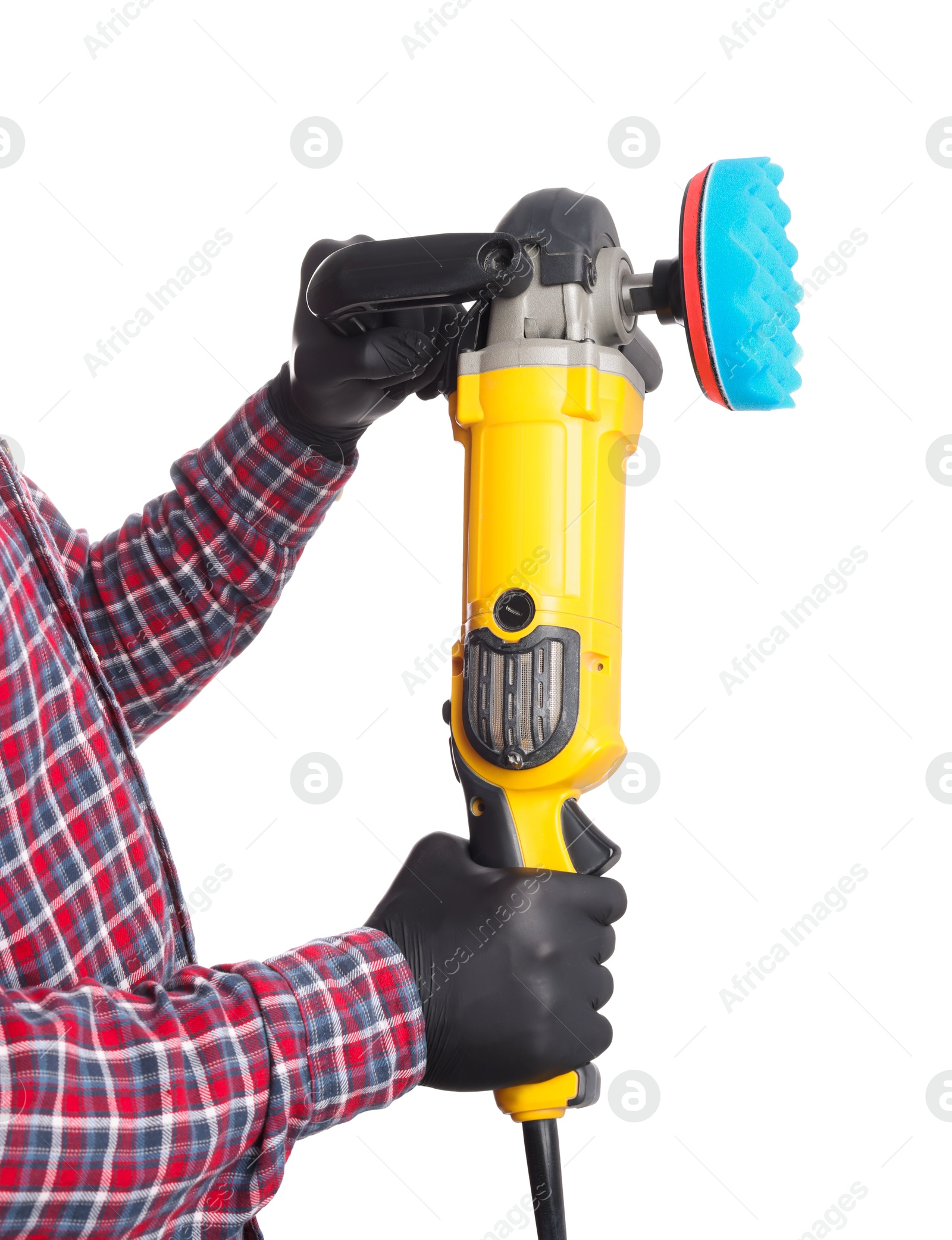 Photo of Man with polishing machine on white background, closeup