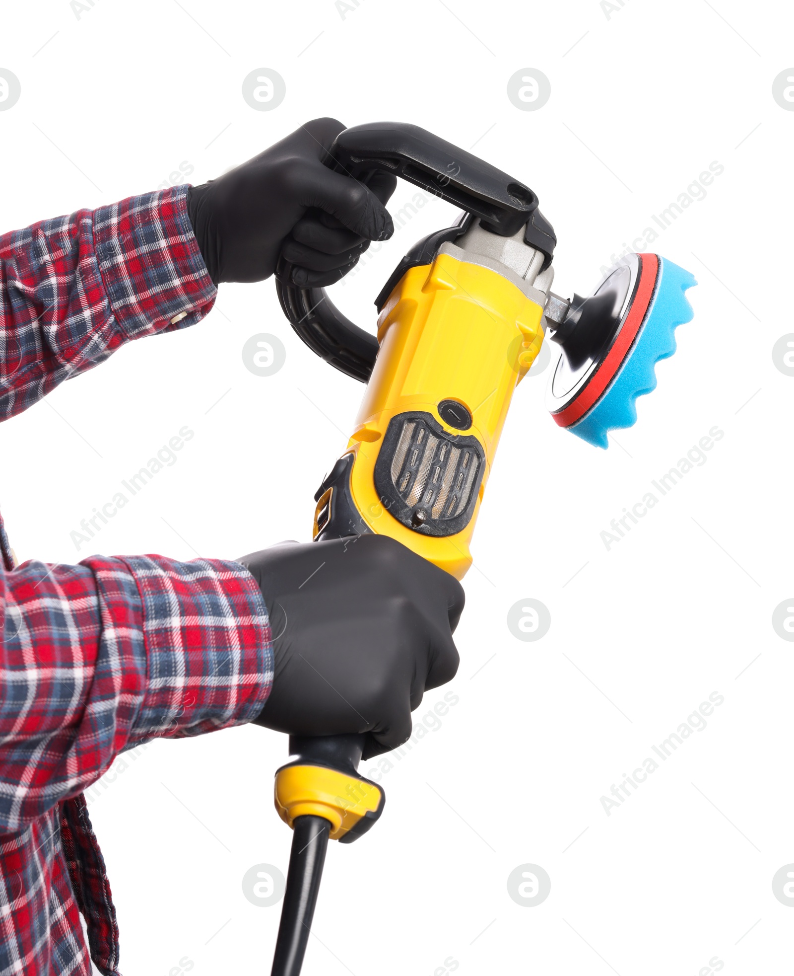 Photo of Man with polishing machine on white background, closeup