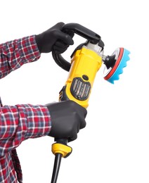 Photo of Man with polishing machine on white background, closeup