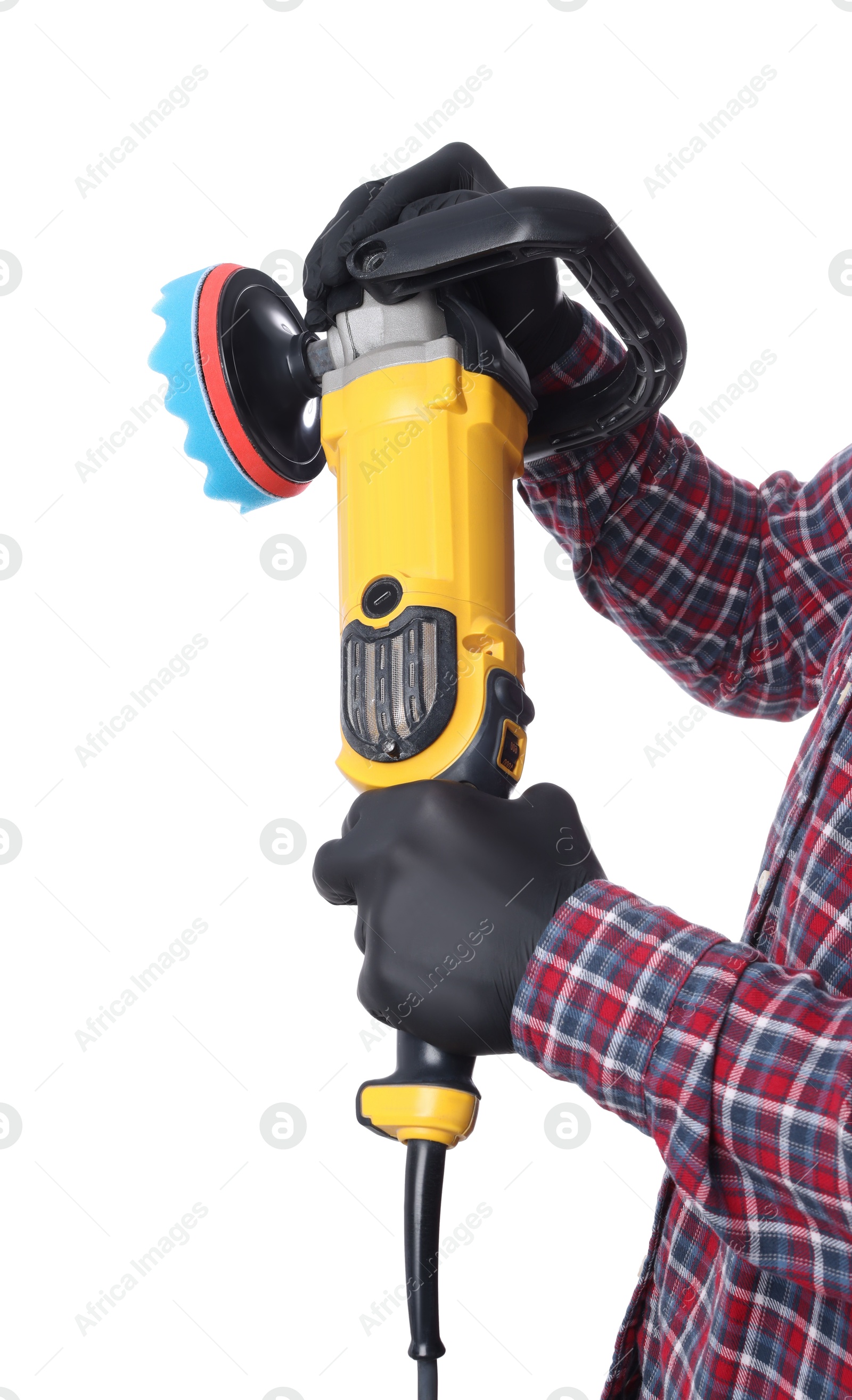 Photo of Man with polishing machine on white background, closeup