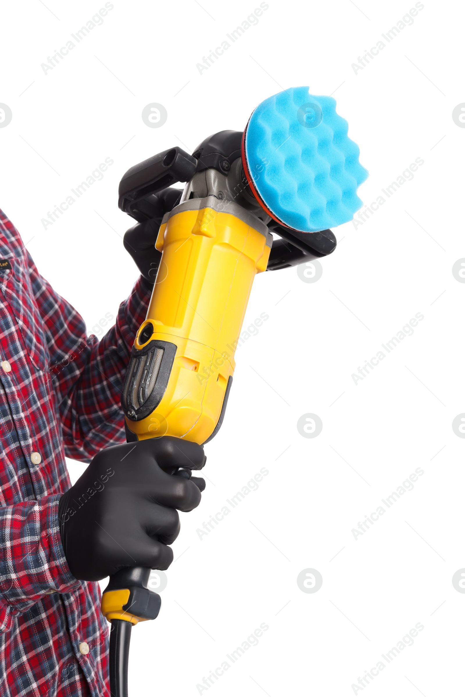 Photo of Man with polishing machine on white background, closeup