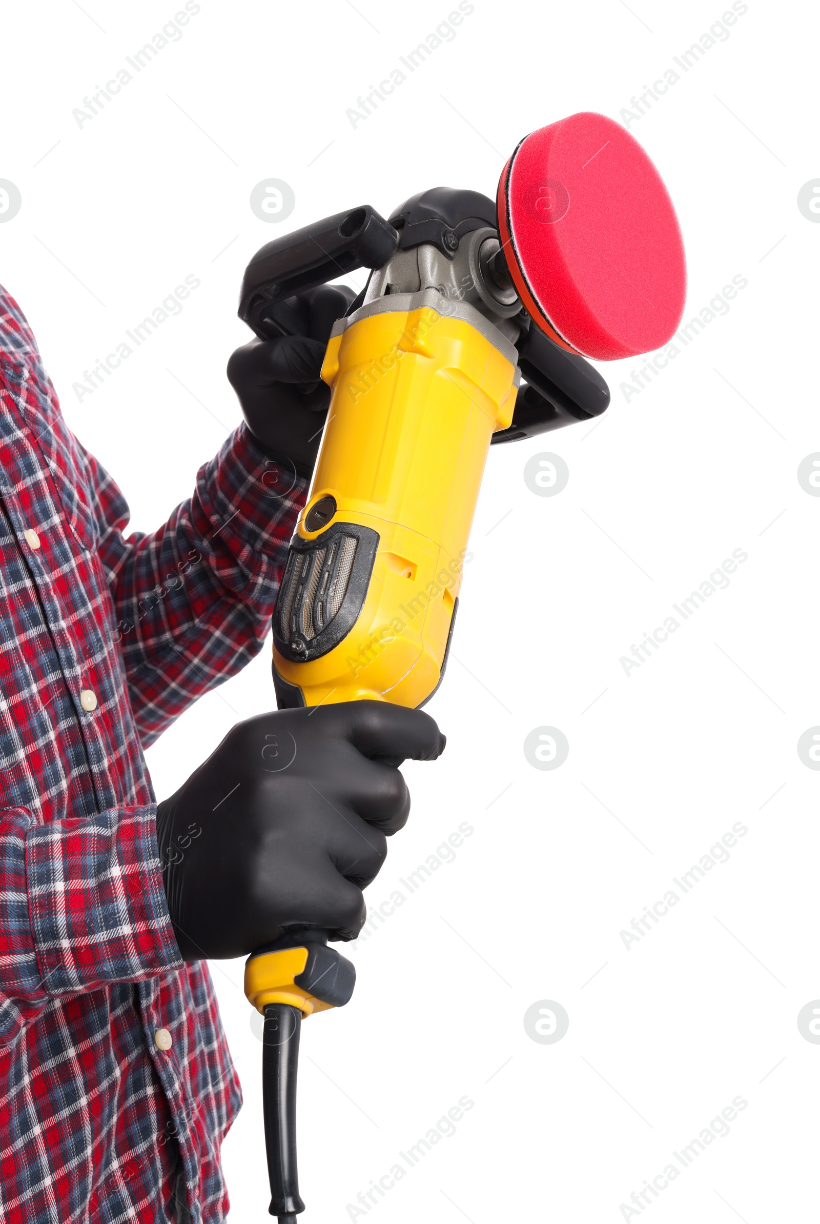 Photo of Man with polishing machine on white background, closeup