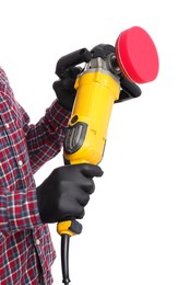 Photo of Man with polishing machine on white background, closeup