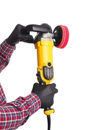 Photo of Man with polishing machine on white background, closeup