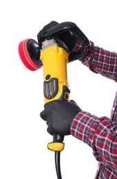 Photo of Man with polishing machine on white background, closeup