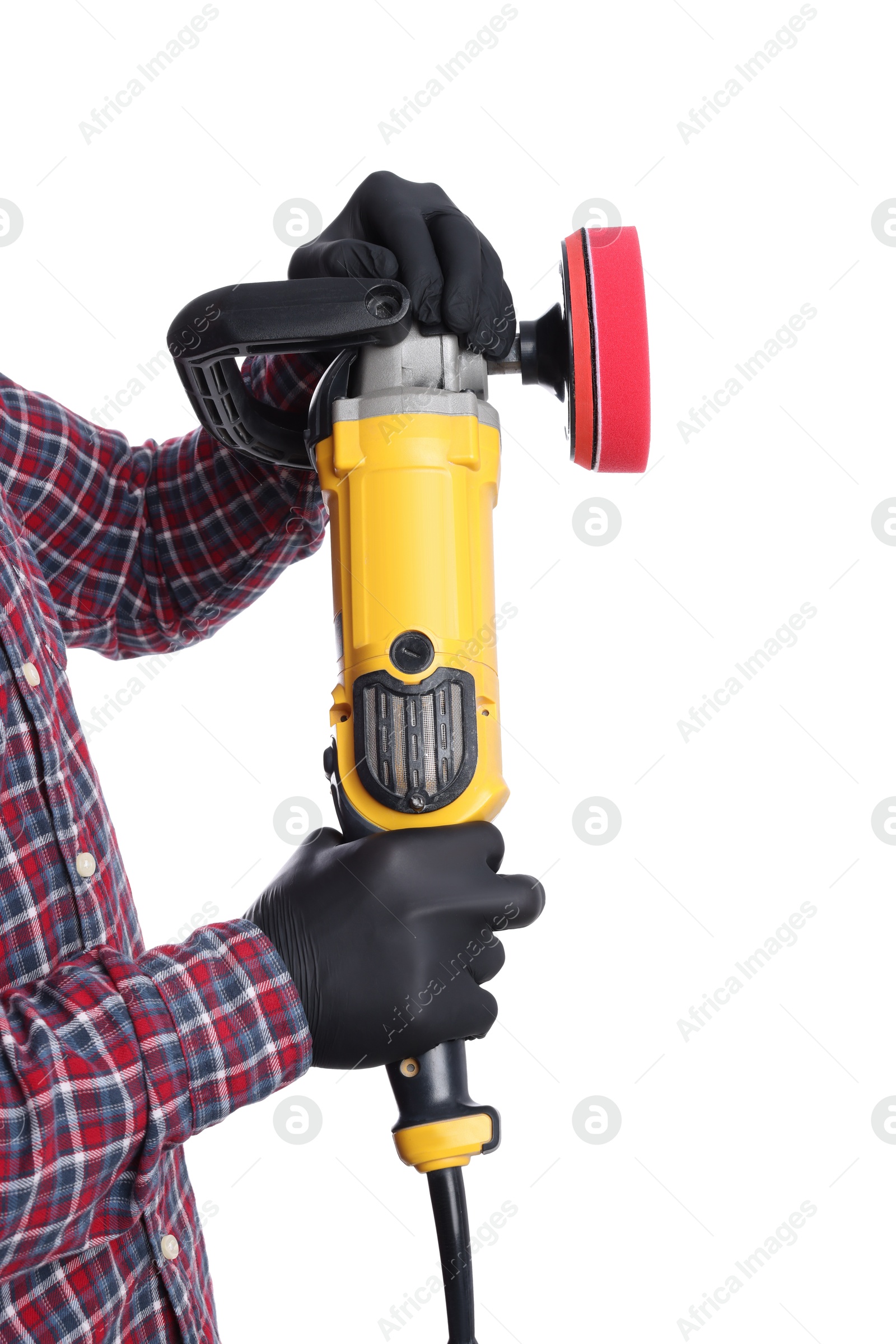 Photo of Man with polishing machine on white background, closeup